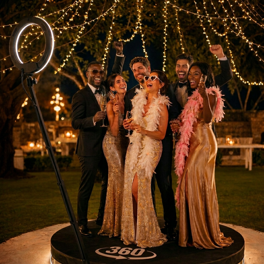 Sleek 360 camera arm sweeping around a group of laughing guests with props and champagne glasses