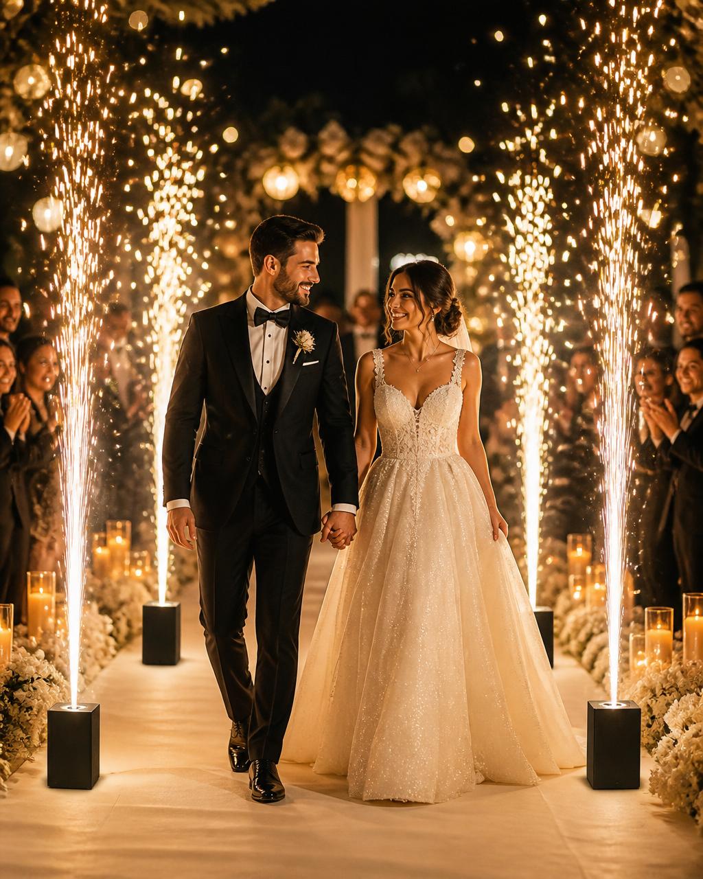 Bride and groom walking down a grand wedding aisle while two sleek black sparkler machines on each side shoot golden sparklers 5 feet into the air at a luxury outdoor wedding in Greensboro, NC